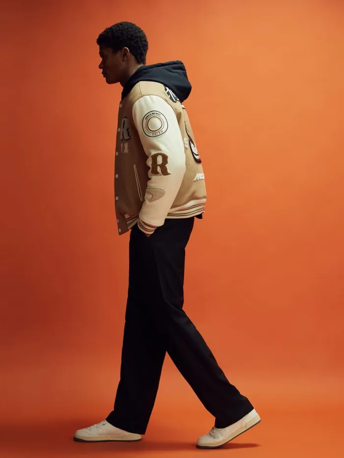 Men Reiss Outerwear and Coats F1 Leather Varsity Jacket Camelecru