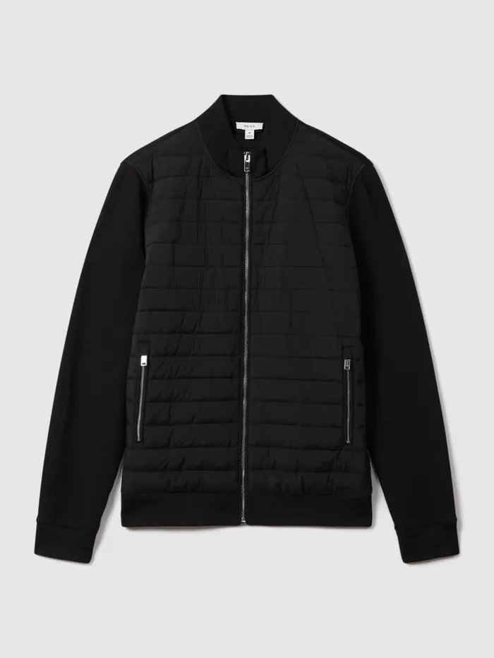 Men Reiss Outerwear and Coats Flintoff Hybrid Quilt And Knit ZipThrough Jacket Black