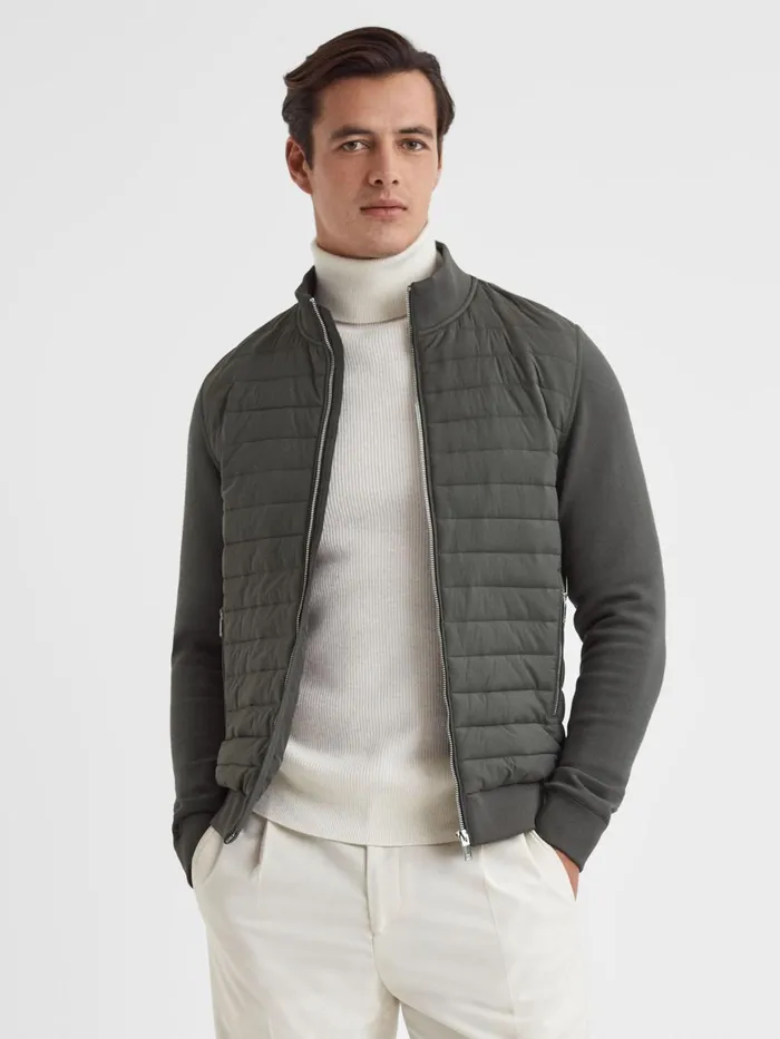 Men Reiss Outerwear and Coats Freddie Hybrid Quilt And Knit ZipThrough Jacket Sage Men Reiss Outerwear and Coats Freddie Hybrid Quilt And Knit ZipThrough Jacket Sage