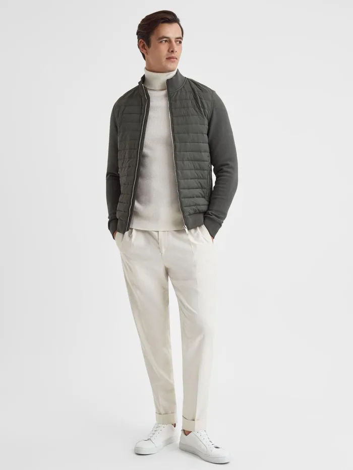 Men Reiss Outerwear and Coats Freddie Hybrid Quilt And Knit ZipThrough Jacket Sage