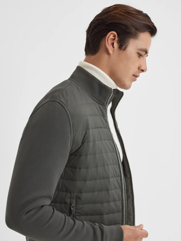 Men Reiss Outerwear and Coats Freddie Hybrid Quilt And Knit ZipThrough Jacket Sage