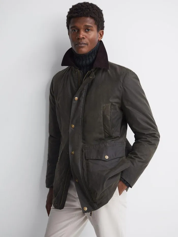 Men Reiss Outerwear and Coats Jacobson Waxed Field Jacket Green Cervo