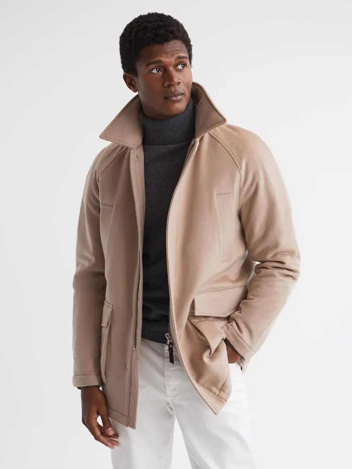 Men Reiss Outerwear and Coats Mandarin Zip Through Cashmere Coat Cream