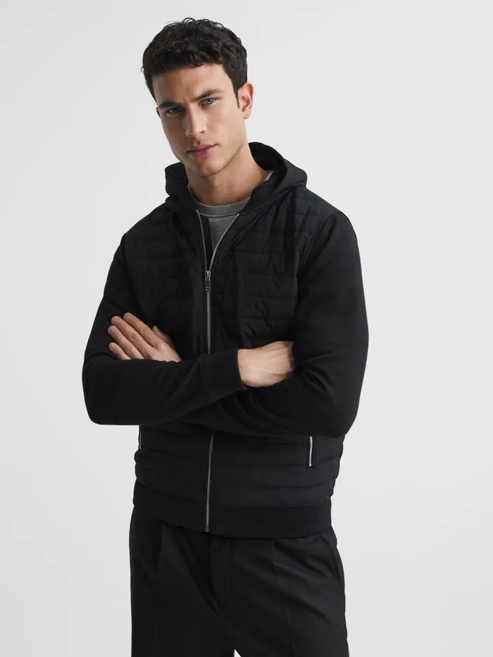 Men Reiss Outerwear and Coats Taylor Hybrid Zip Quilted Hooded Jacket Black
