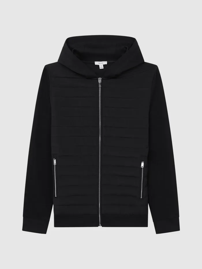Men Reiss Outerwear and Coats Taylor Hybrid Zip Quilted Hooded Jacket Black