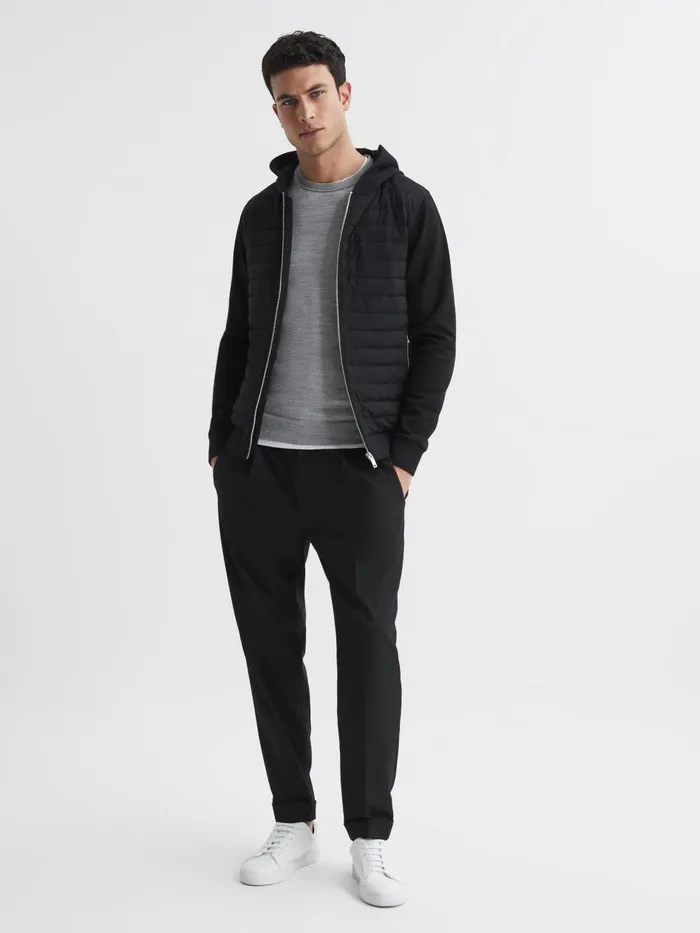 Men Reiss Outerwear and Coats Taylor Hybrid Zip Quilted Hooded Jacket Black