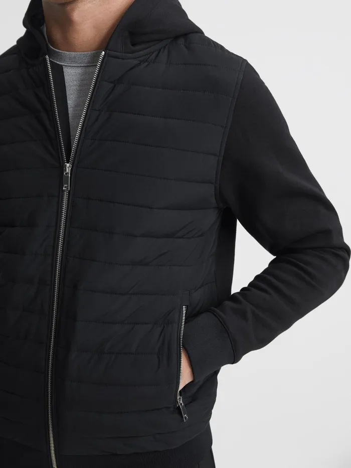Men Reiss Outerwear and Coats Taylor Hybrid Zip Quilted Hooded Jacket Black
