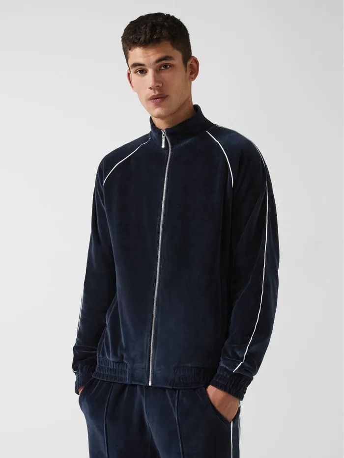 Men Reiss Outerwear and Coats William 8211 Che Velour Zip Through Jacket With Piping Navy