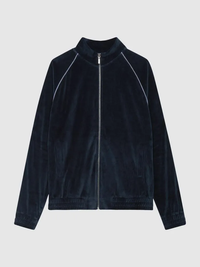 Men Reiss Outerwear and Coats William 8211 Che Velour Zip Through Jacket With Piping Navy