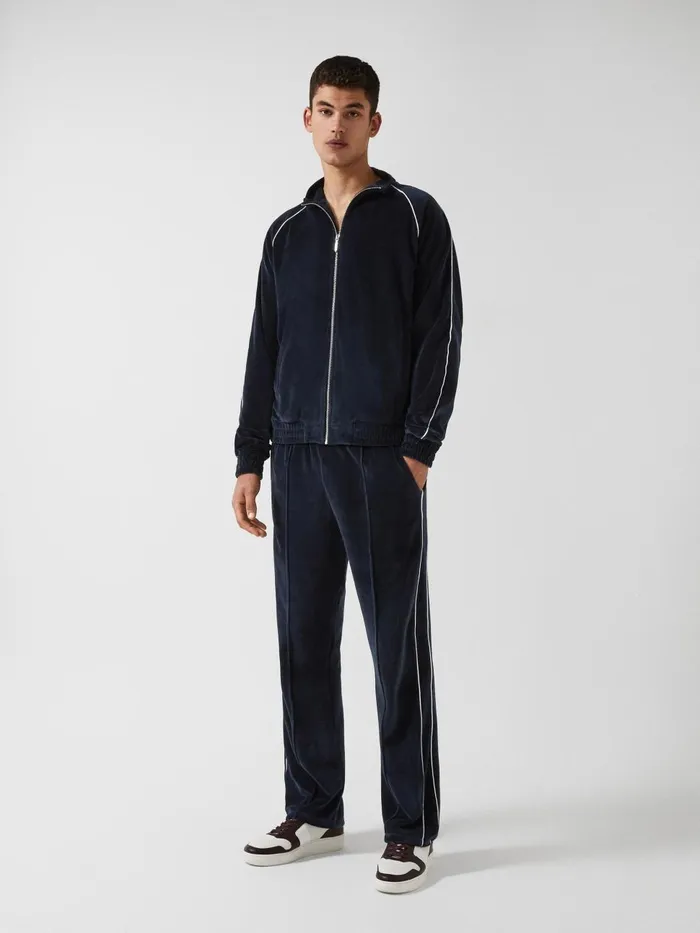 Men Reiss Outerwear and Coats William 8211 Che Velour Zip Through Jacket With Piping Navy