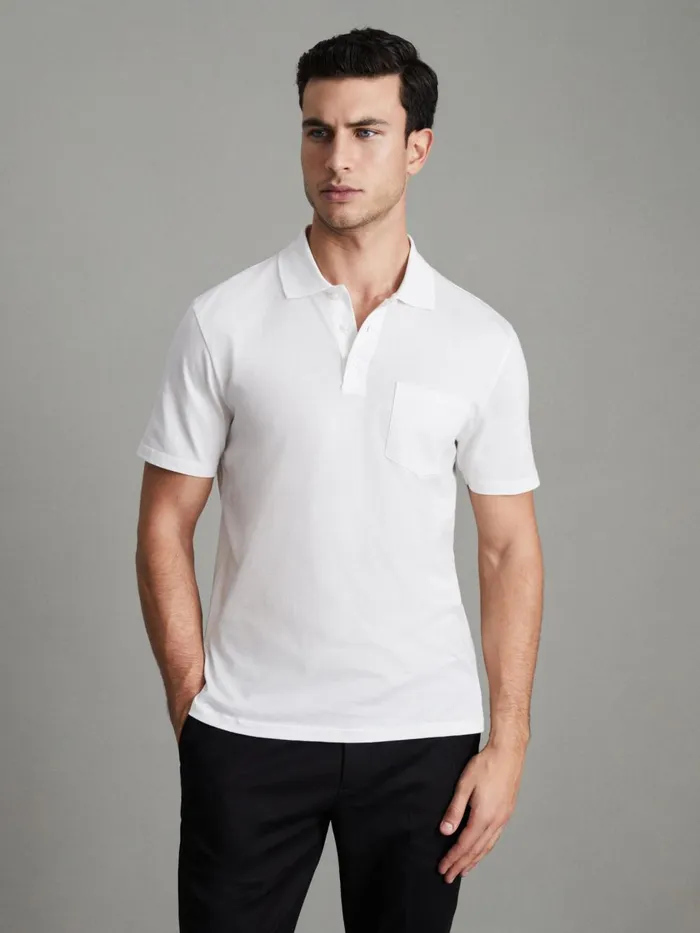 Men Reiss Polo Shirts Austin Mercerised Cotton Polo Shirt White
