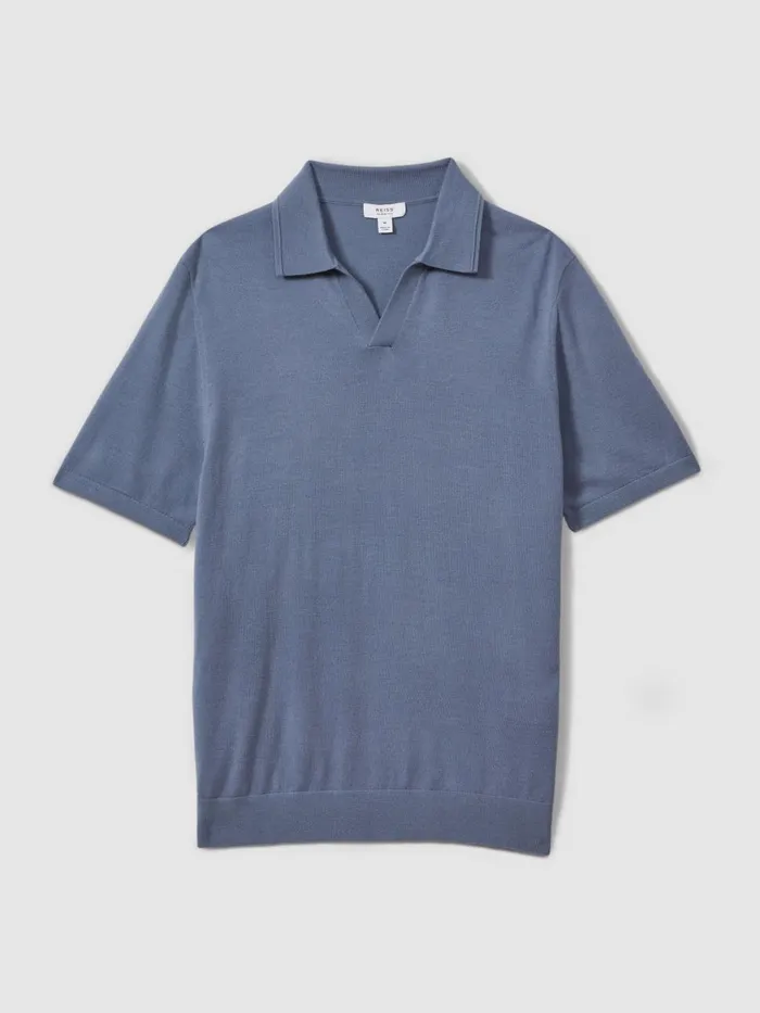 Men Reiss Polo Shirts Duchie Merino Wool Open Collar Polo Shirt Airforce Blue