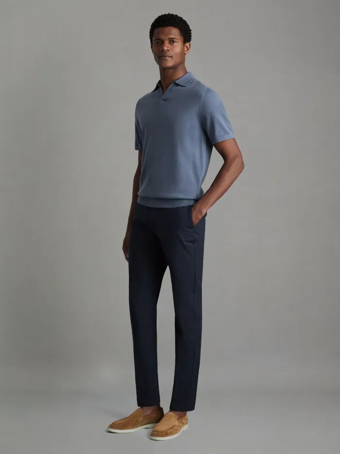 Men Reiss Polo Shirts Duchie Merino Wool Open Collar Polo Shirt Airforce Blue