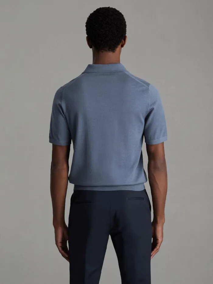 Men Reiss Polo Shirts Duchie Merino Wool Open Collar Polo Shirt Airforce Blue