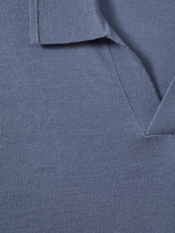 Men Reiss Polo Shirts Duchie Merino Wool Open Collar Polo Shirt Airforce Blue