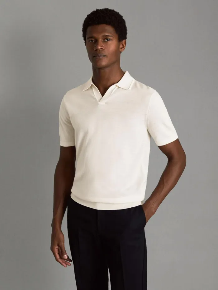 Men Reiss Polo Shirts Duchie Merino Wool Open Collar Polo Shirt Snow