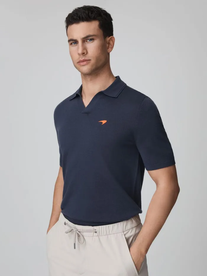 Men Reiss Polo Shirts F1 Merino Wool Open Collar Polo Shirt Airforce Blue