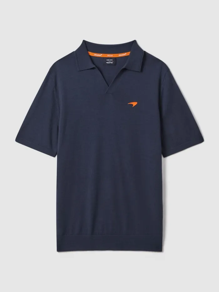 Men Reiss Polo Shirts F1 Merino Wool Open Collar Polo Shirt Airforce Blue