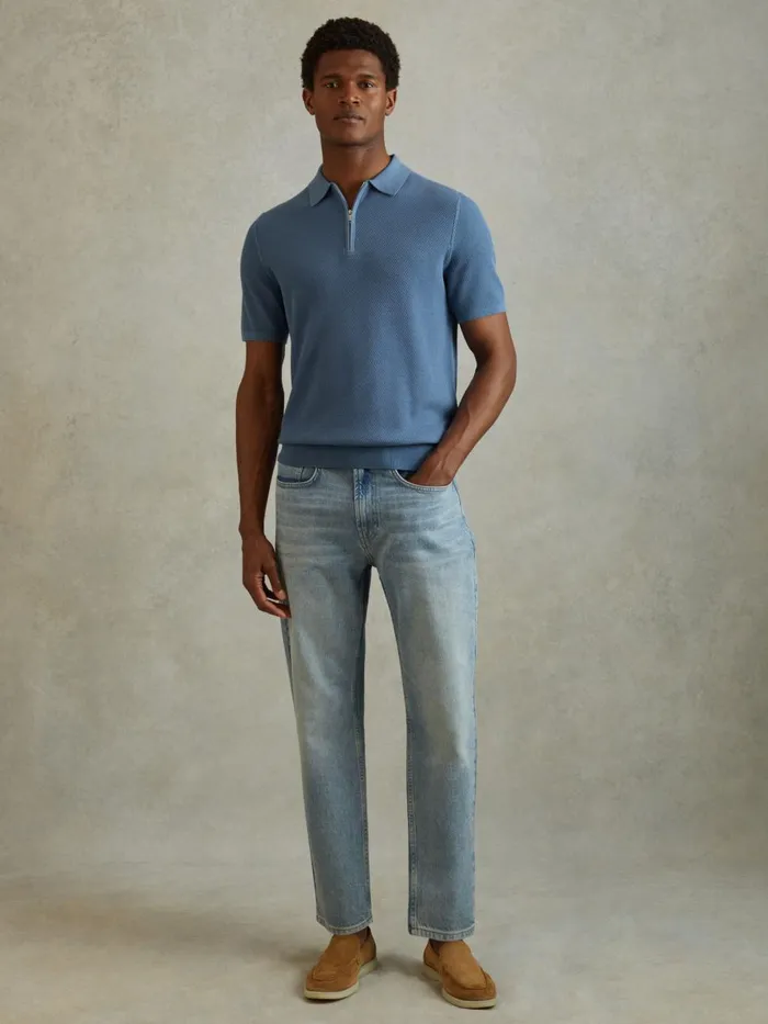 Men Reiss Polo Shirts Ivor Textured HalfZip Polo Shirt Blue