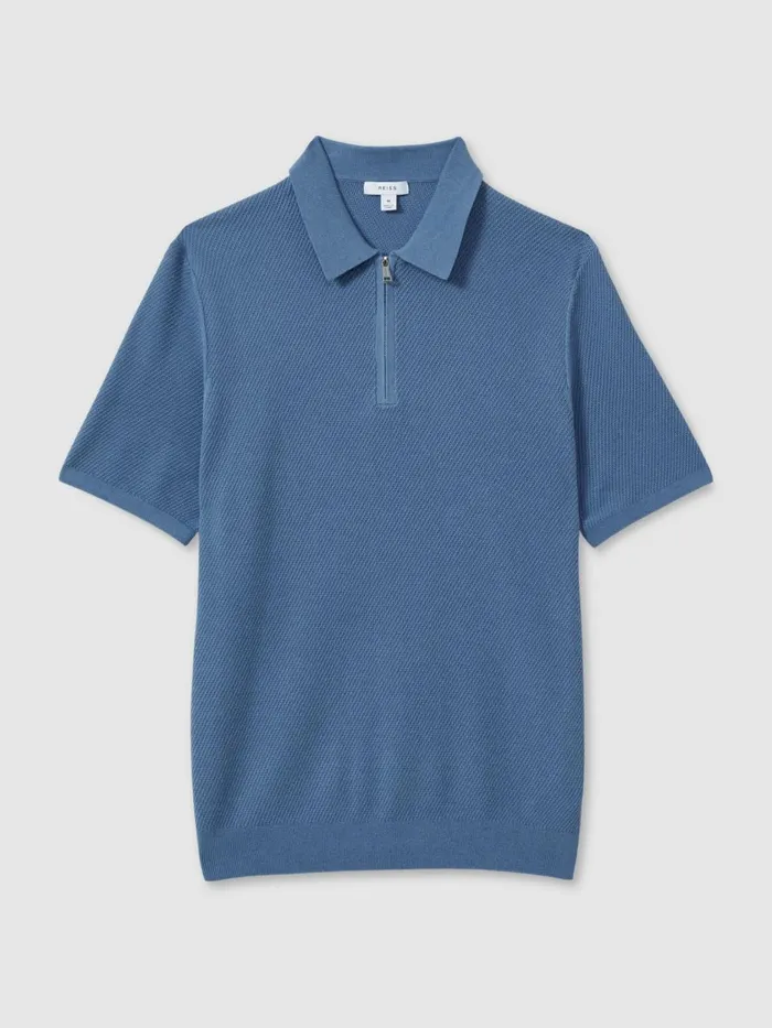 Men Reiss Polo Shirts Ivor Textured HalfZip Polo Shirt Blue