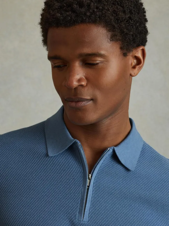 Men Reiss Polo Shirts Ivor Textured HalfZip Polo Shirt Blue