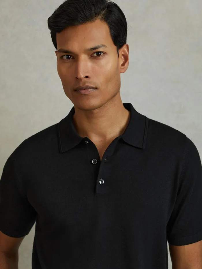 Men Reiss Polo Shirts Manor Merino Wool Polo Shirt Black