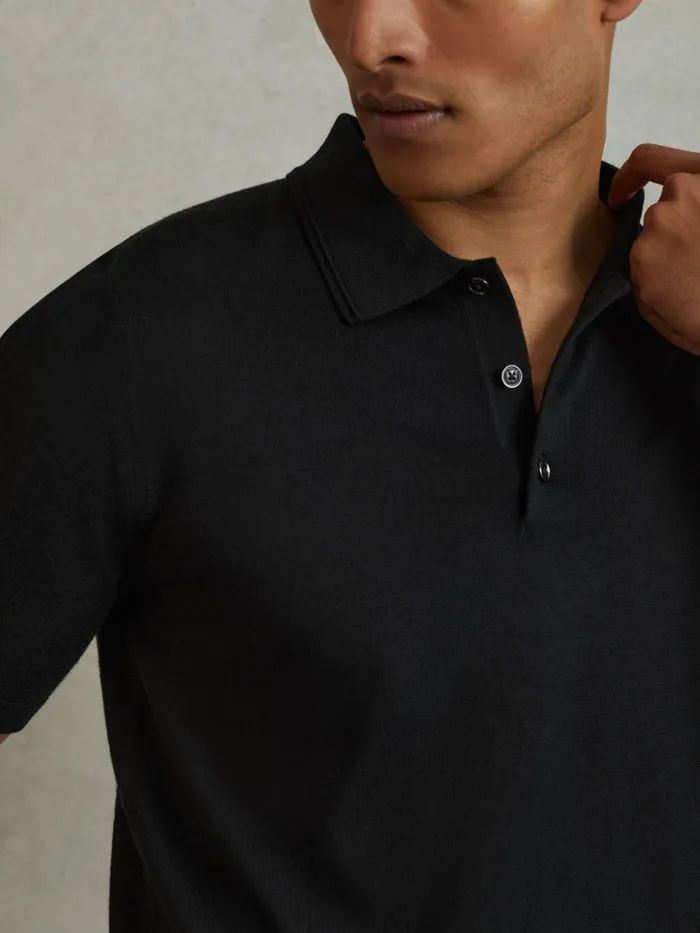 Men Reiss Polo Shirts Manor Merino Wool Polo Shirt Black