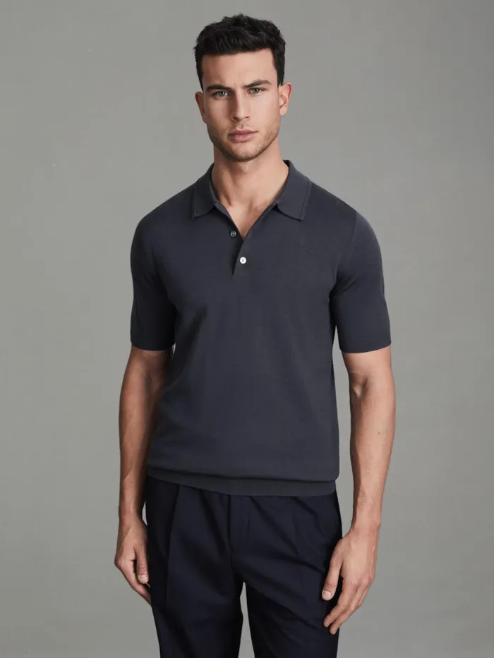 Men Reiss Polo Shirts Manor Slim Fit Merino Wool Polo Shirt Blue Smoke