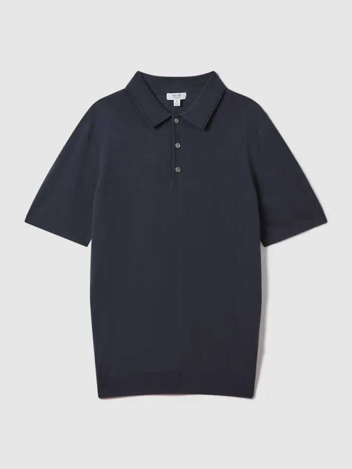 Men Reiss Polo Shirts Manor Slim Fit Merino Wool Polo Shirt Blue Smoke