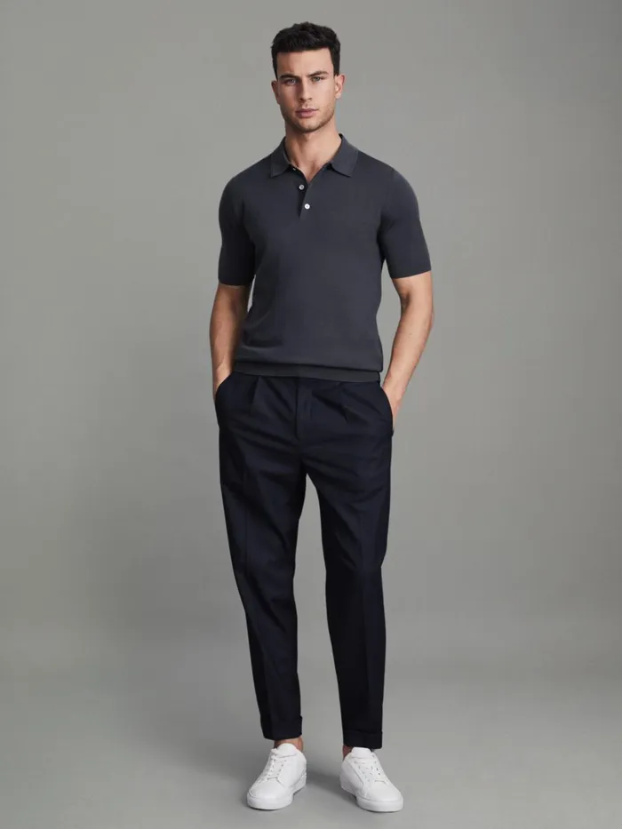 Men Reiss Polo Shirts Manor Slim Fit Merino Wool Polo Shirt Blue Smoke