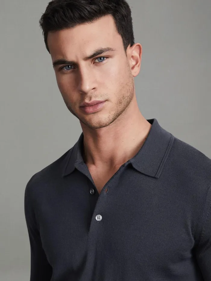 Men Reiss Polo Shirts Manor Slim Fit Merino Wool Polo Shirt Blue Smoke