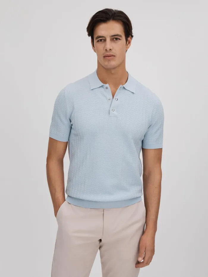 Men Reiss Polo Shirts Pascoe Textured Modal Blend Polo Shirt Soft Blue