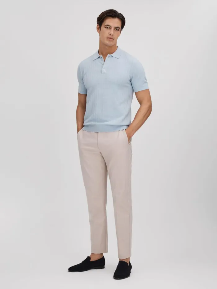 Men Reiss Polo Shirts Pascoe Textured Modal Blend Polo Shirt Soft Blue