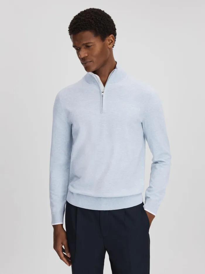 Men Reiss Polo Shirts Swinley Cotton Blend HalfZip Funnel Neck Jumper Soft Blue Melange
