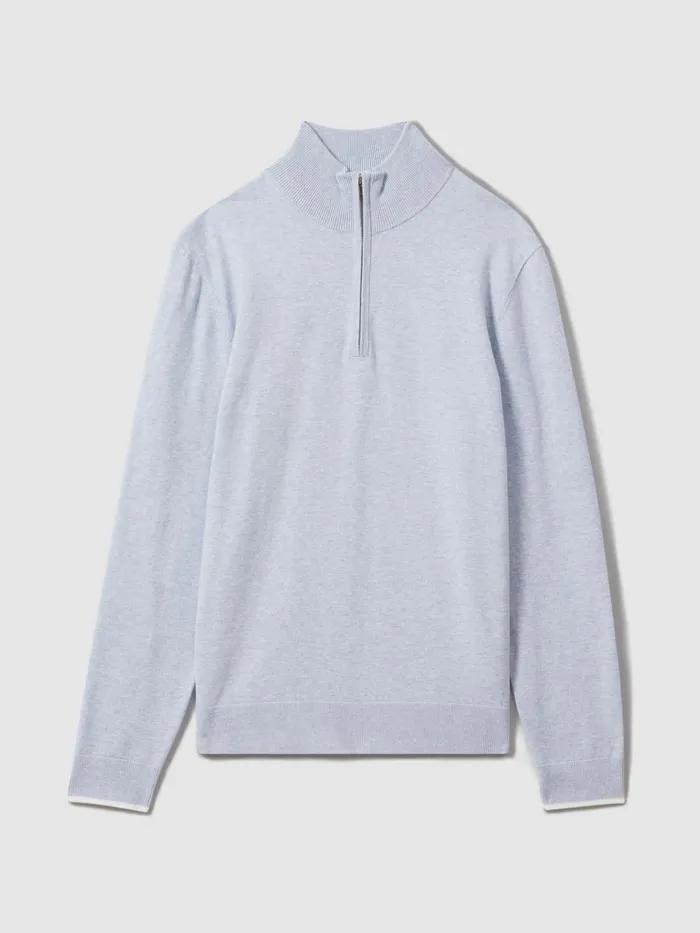 Men Reiss Polo Shirts Swinley Cotton Blend HalfZip Funnel Neck Jumper Soft Blue Melange
