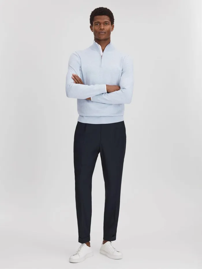 Men Reiss Polo Shirts Swinley Cotton Blend HalfZip Funnel Neck Jumper Soft Blue Melange