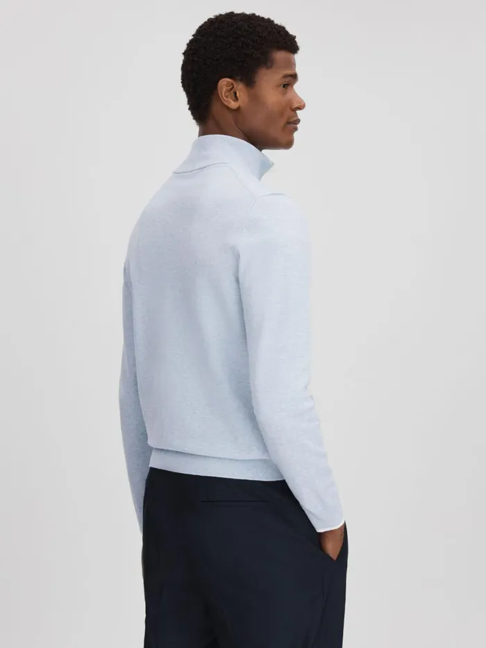 Men Reiss Polo Shirts Swinley Cotton Blend HalfZip Funnel Neck Jumper Soft Blue Melange