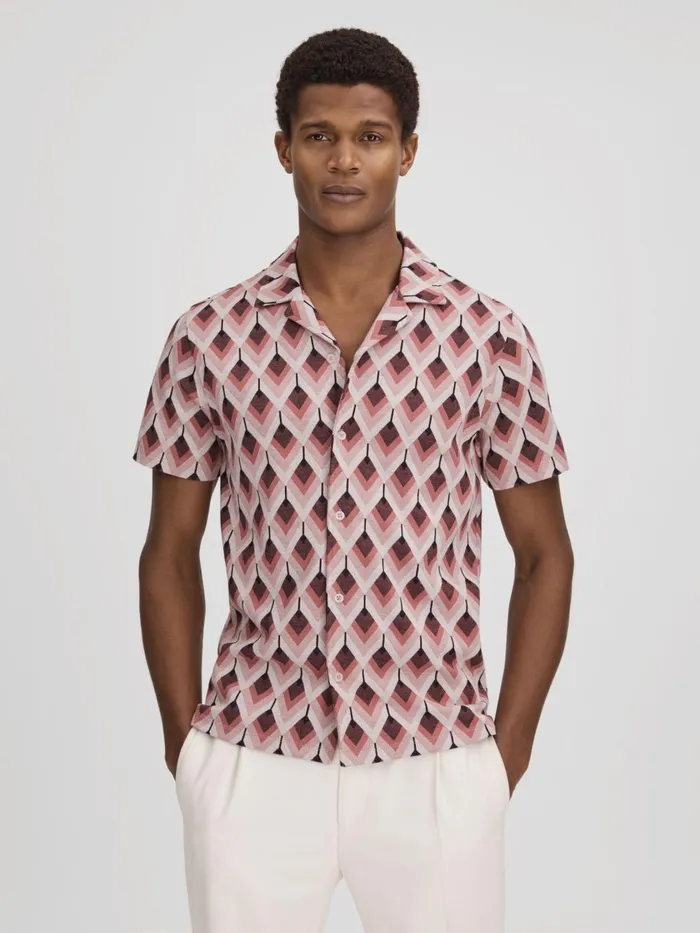 Men Reiss Shirts Beech Cotton Blend Jacquard Cuban Collar Shirt Pink Multi