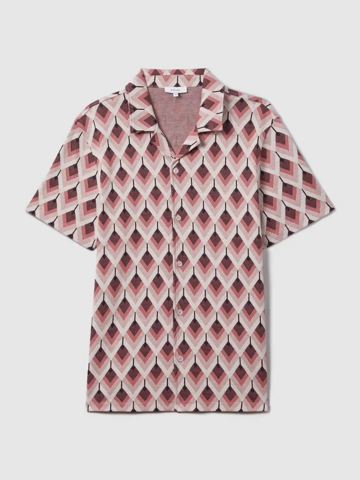Men Reiss Shirts Beech Cotton Blend Jacquard Cuban Collar Shirt Pink Multi
