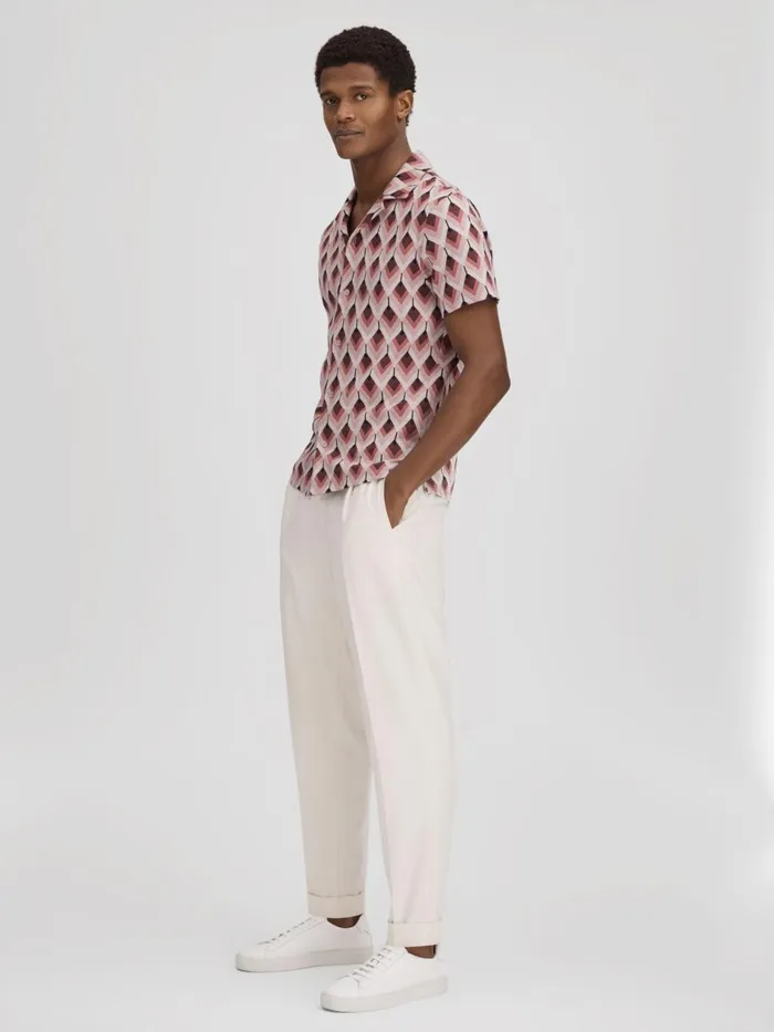 Men Reiss Shirts Beech Cotton Blend Jacquard Cuban Collar Shirt Pink Multi