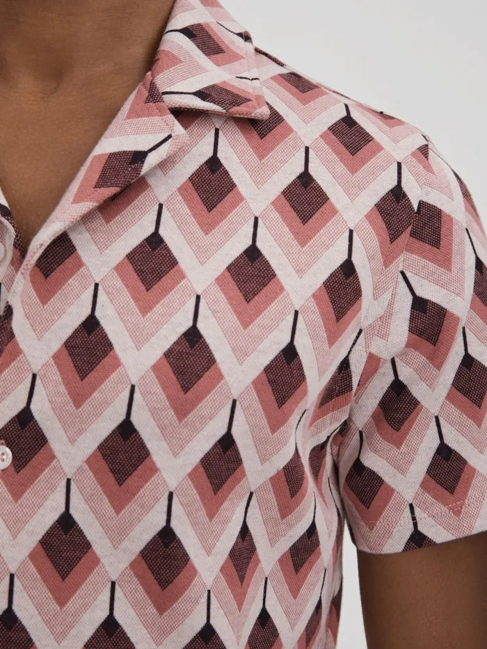 Men Reiss Shirts Beech Cotton Blend Jacquard Cuban Collar Shirt Pink Multi