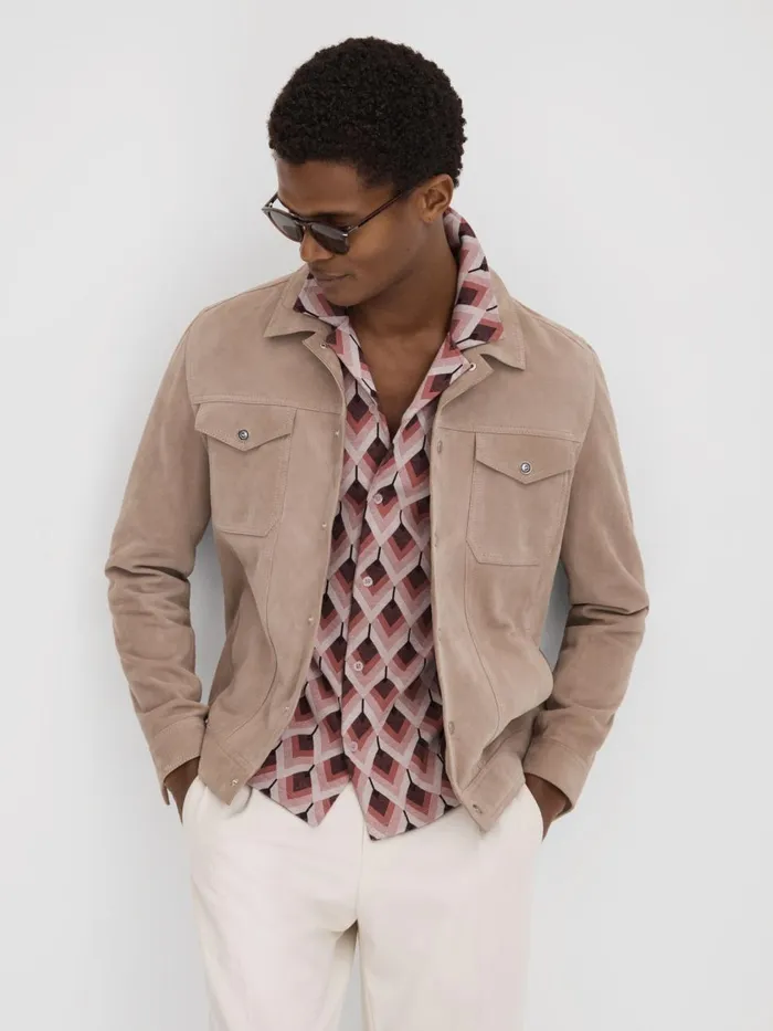 Men Reiss Shirts Beech Cotton Blend Jacquard Cuban Collar Shirt Pink Multi