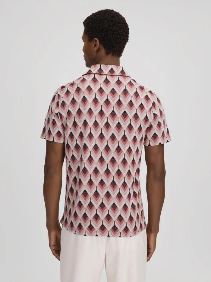 Men Reiss Shirts Beech Cotton Blend Jacquard Cuban Collar Shirt Pink Multi