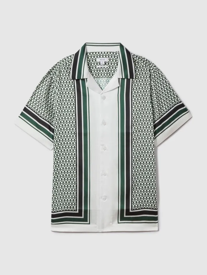 Men Reiss Shirts Blair Geometric Print Cuban Collar Shirt Whitegreen