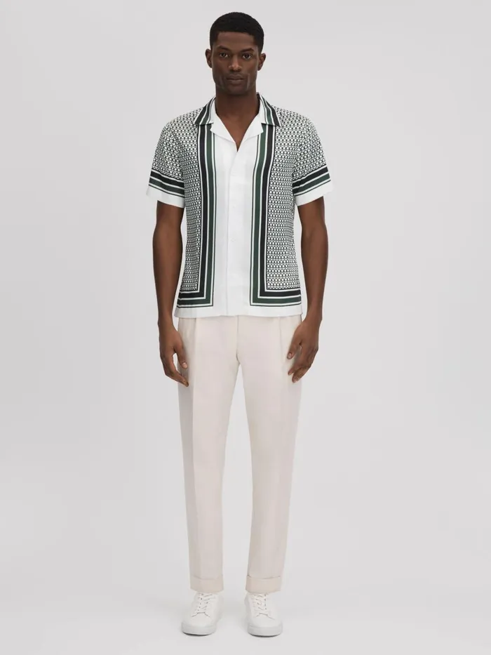 Men Reiss Shirts Blair Geometric Print Cuban Collar Shirt Whitegreen