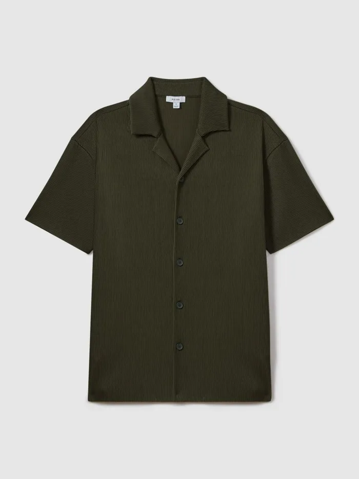 Men Reiss Shirts Chase Ribbed Cuban Collar Shirt Green