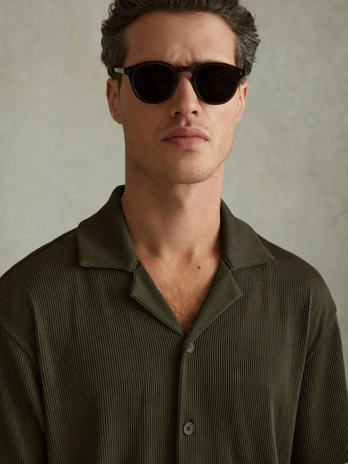 Men Reiss Shirts Chase Ribbed Cuban Collar Shirt Green
