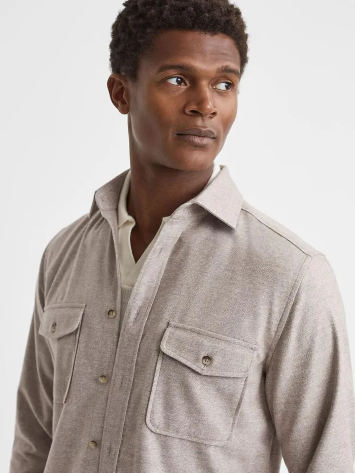 Men Reiss Shirts Chaser ButtonThrough Twin Pocket Overshirt Wheat Melange