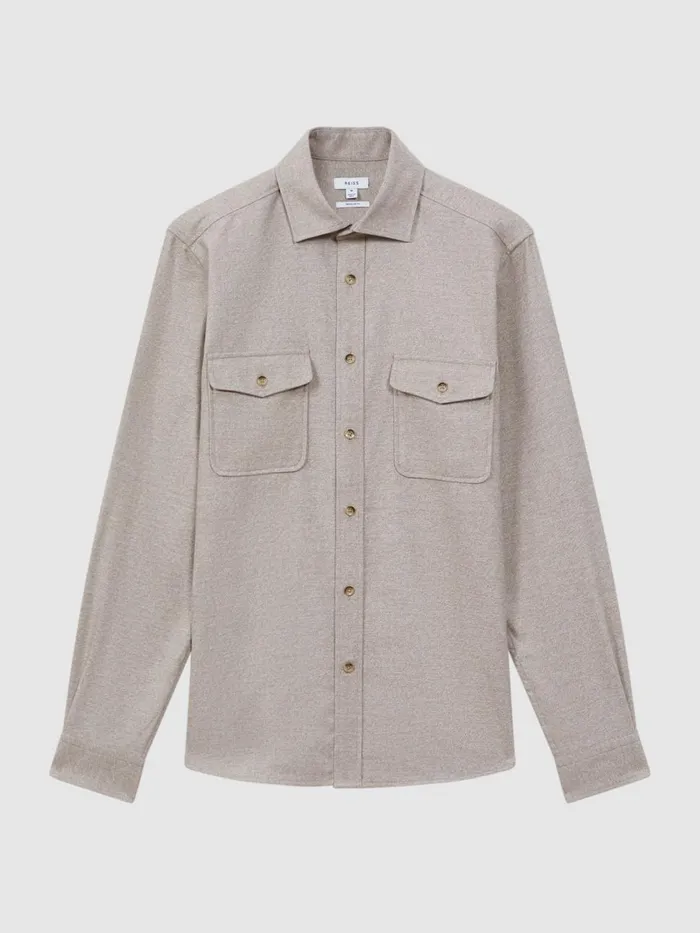 Men Reiss Shirts Chaser ButtonThrough Twin Pocket Overshirt Wheat Melange
