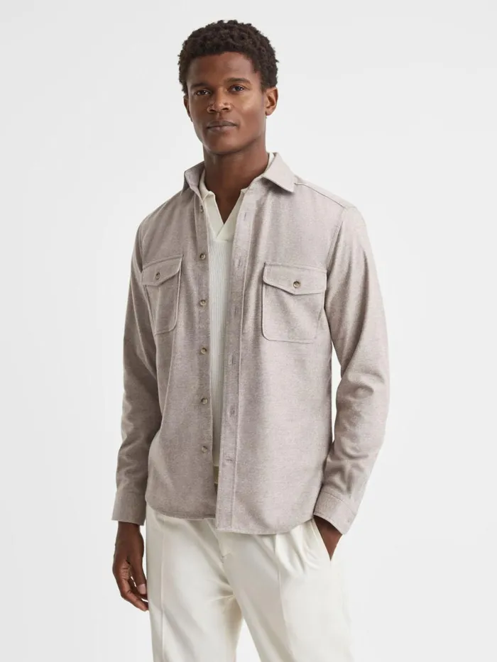 Men Reiss Shirts Chaser ButtonThrough Twin Pocket Overshirt Wheat Melange